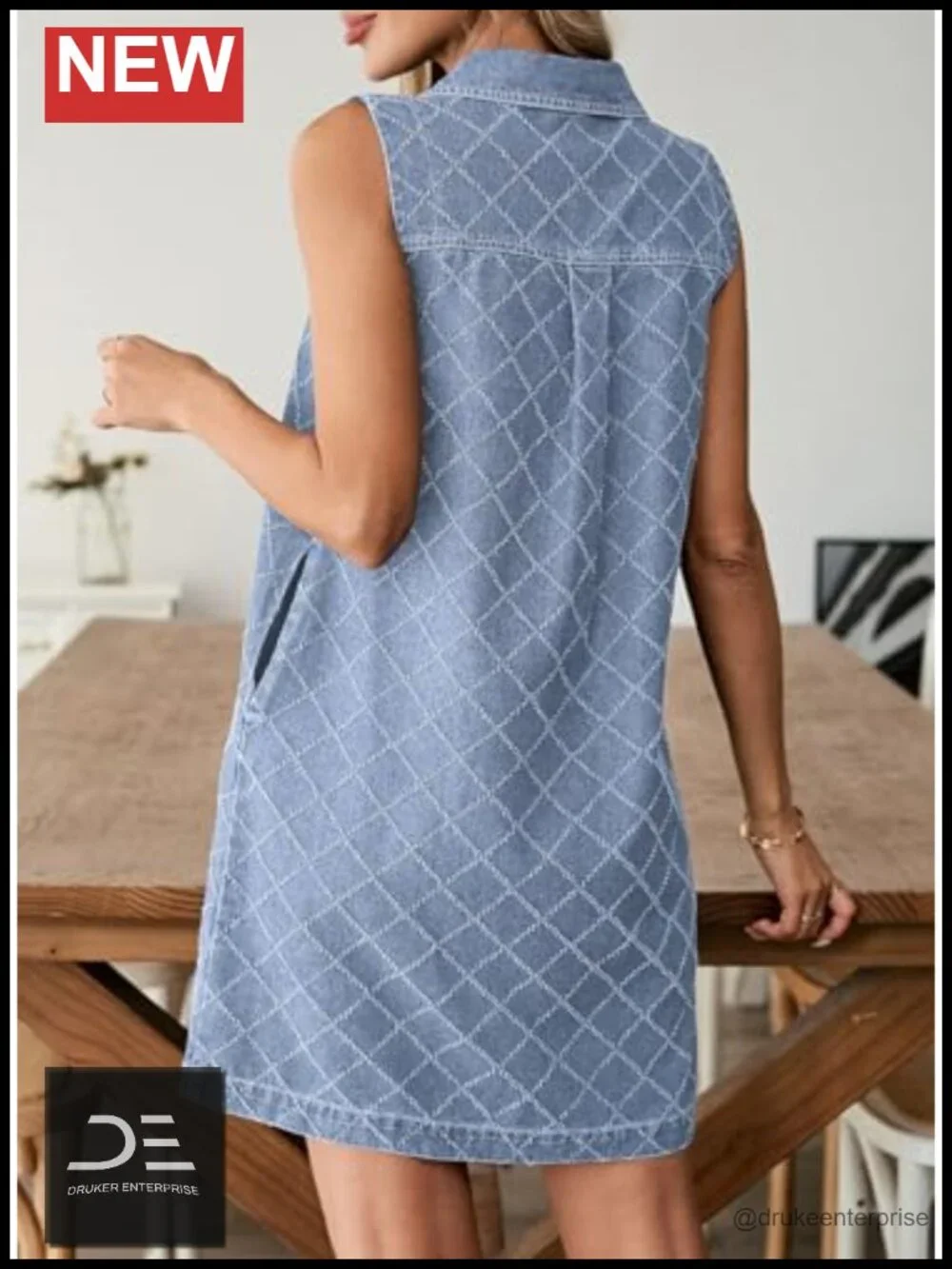 Denim Dress with Pockets Sleeveless V-Neck Button Front